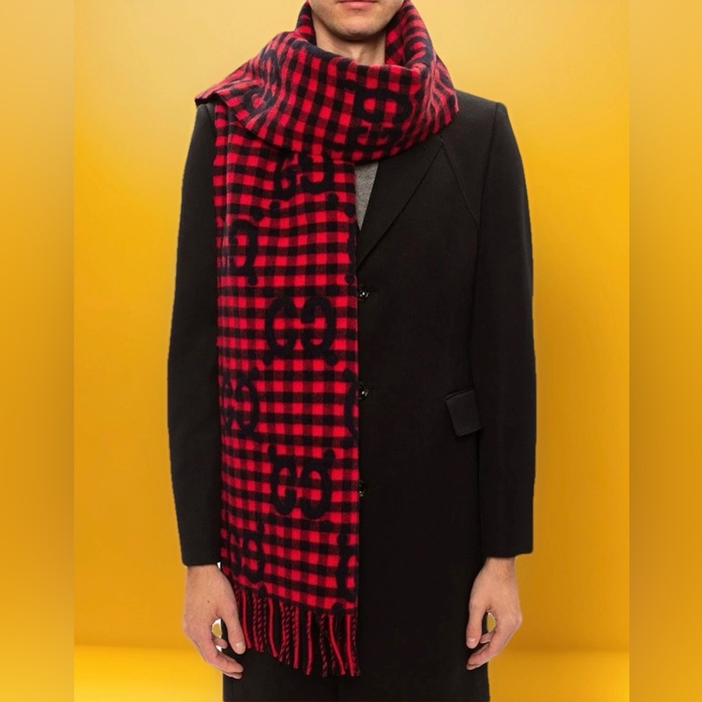 Gucci 644365 Red Blue Wool Jacquard Check GG Diamcheck Logo UNISEX Fringe Scarf - Picture 3 of 12